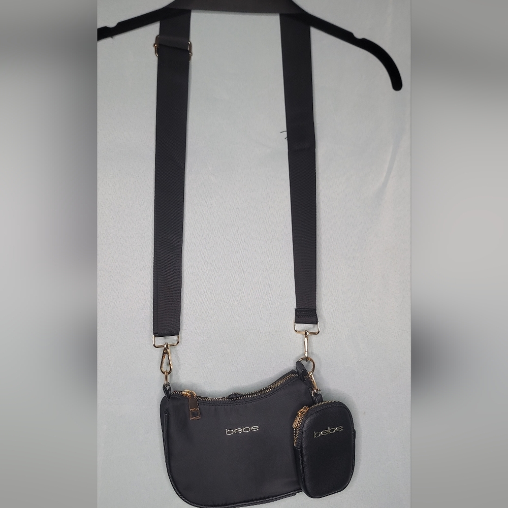 Bebe Black Crossbody Bag And Small Pouch with Gold Accents